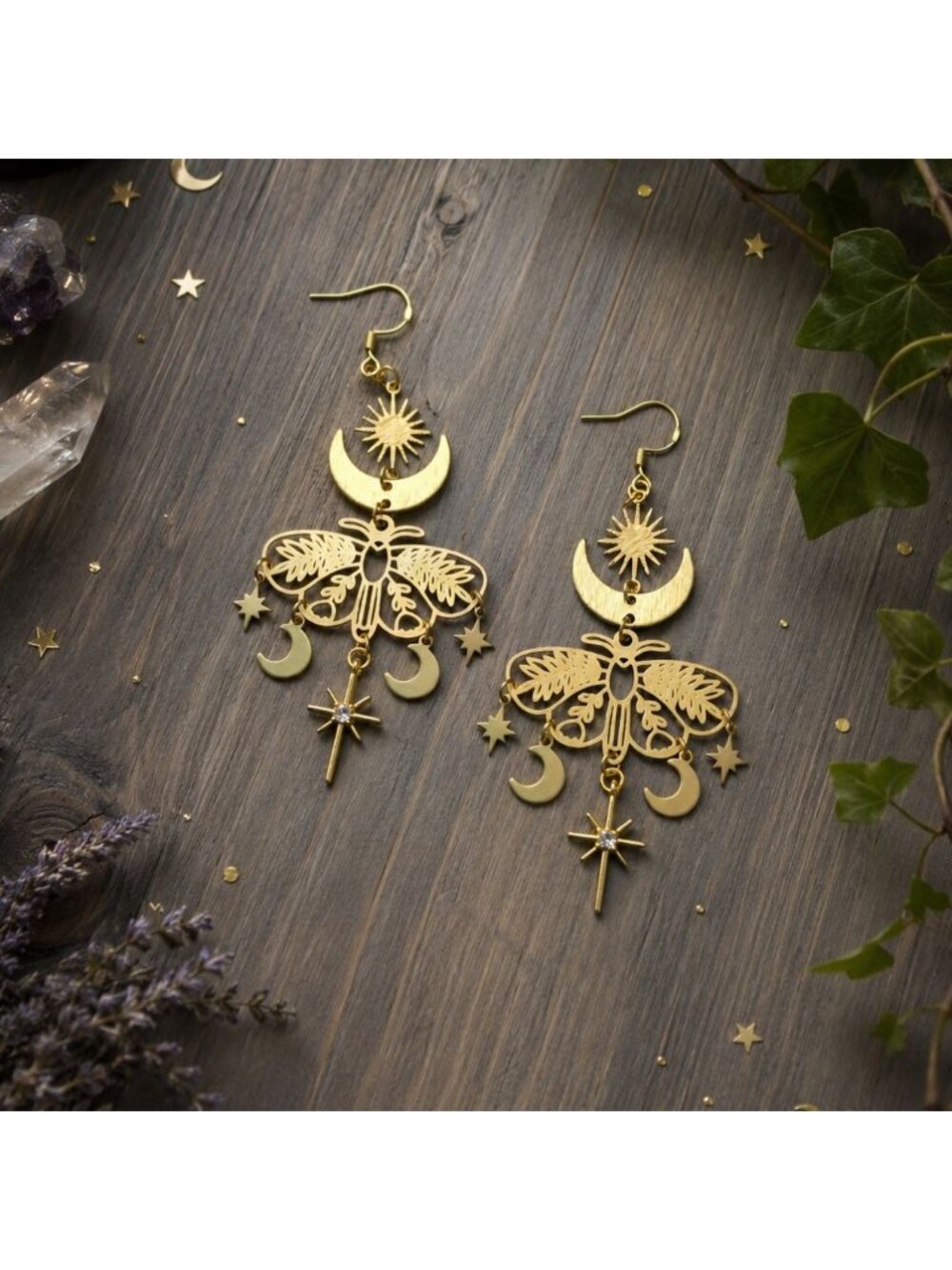 Gold Tone Moth Chandelier Earrings with Crescent Moons and Sunburst Stars